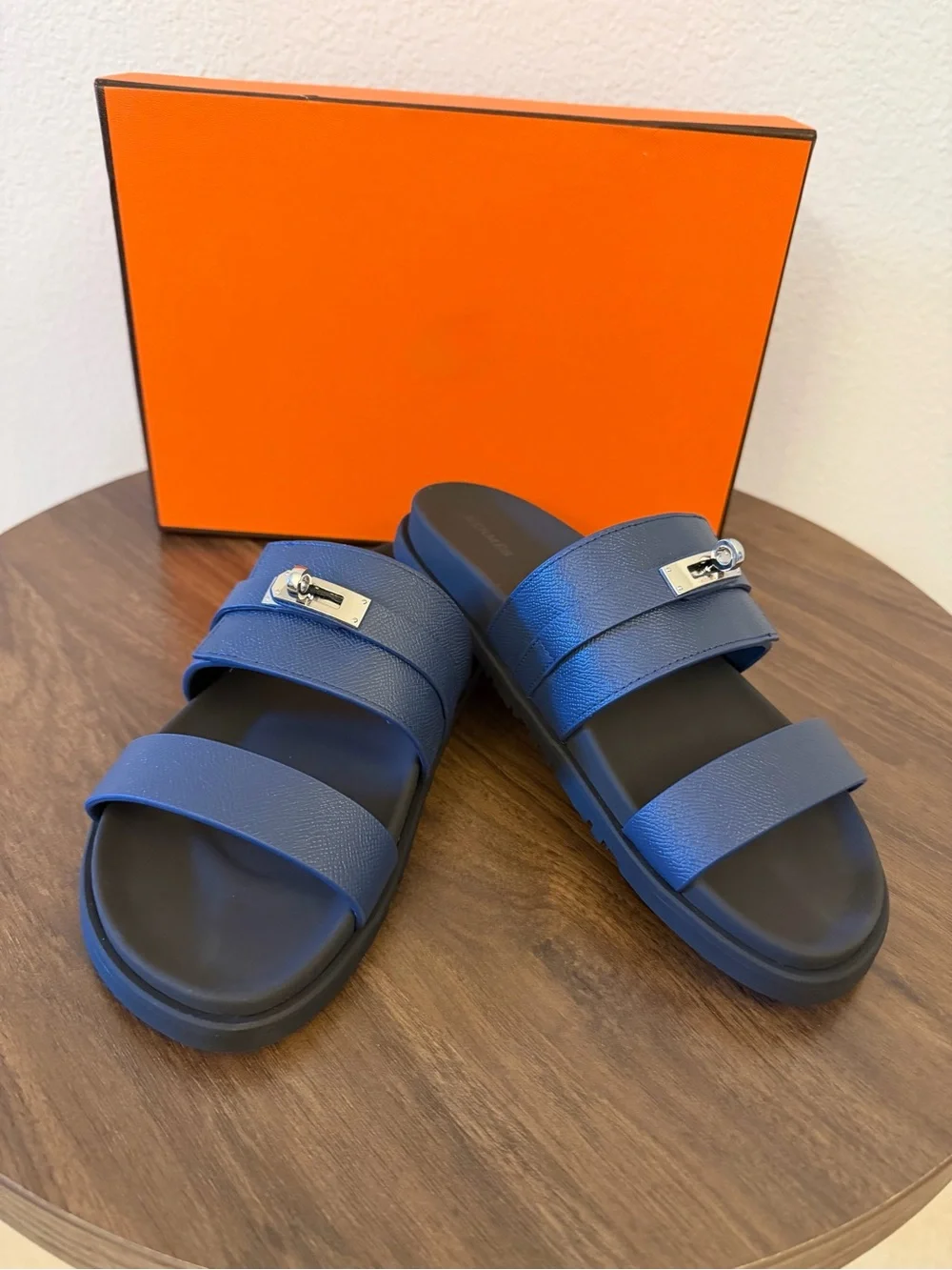 Blue Leather Double-Strap Slide Sandals